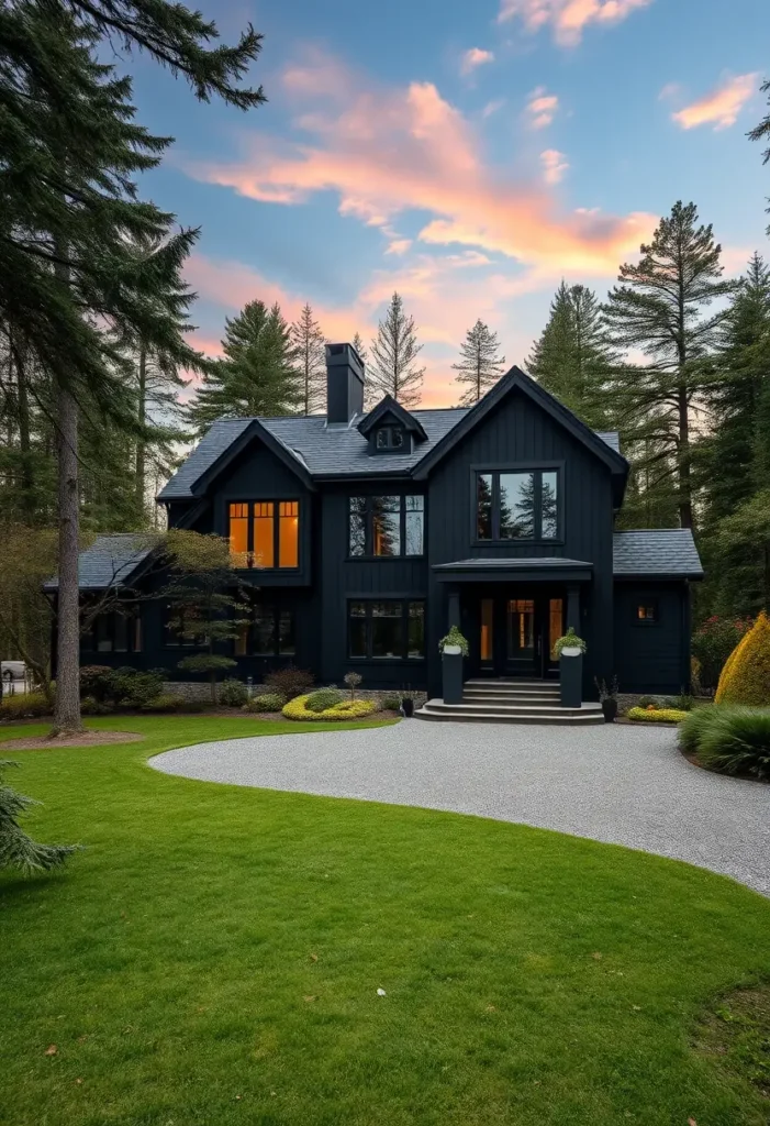 Luxury modern black farmhouse with warm interior lighting, a grand entrance, and lush green landscaping.