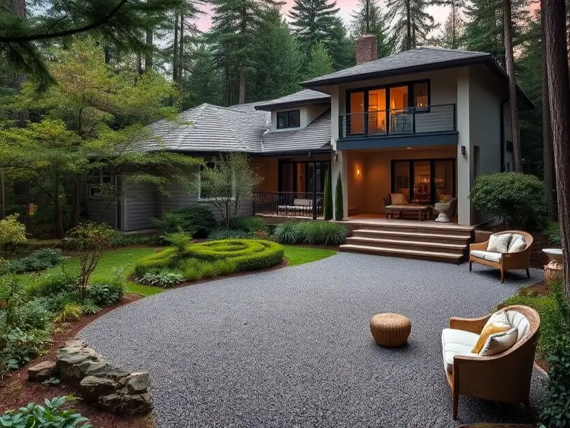 Modern luxury home with warm lighting, a stylish gravel courtyard, and a cozy outdoor seating area nestled in a lush forest. Luxury Modern Home Exteriors