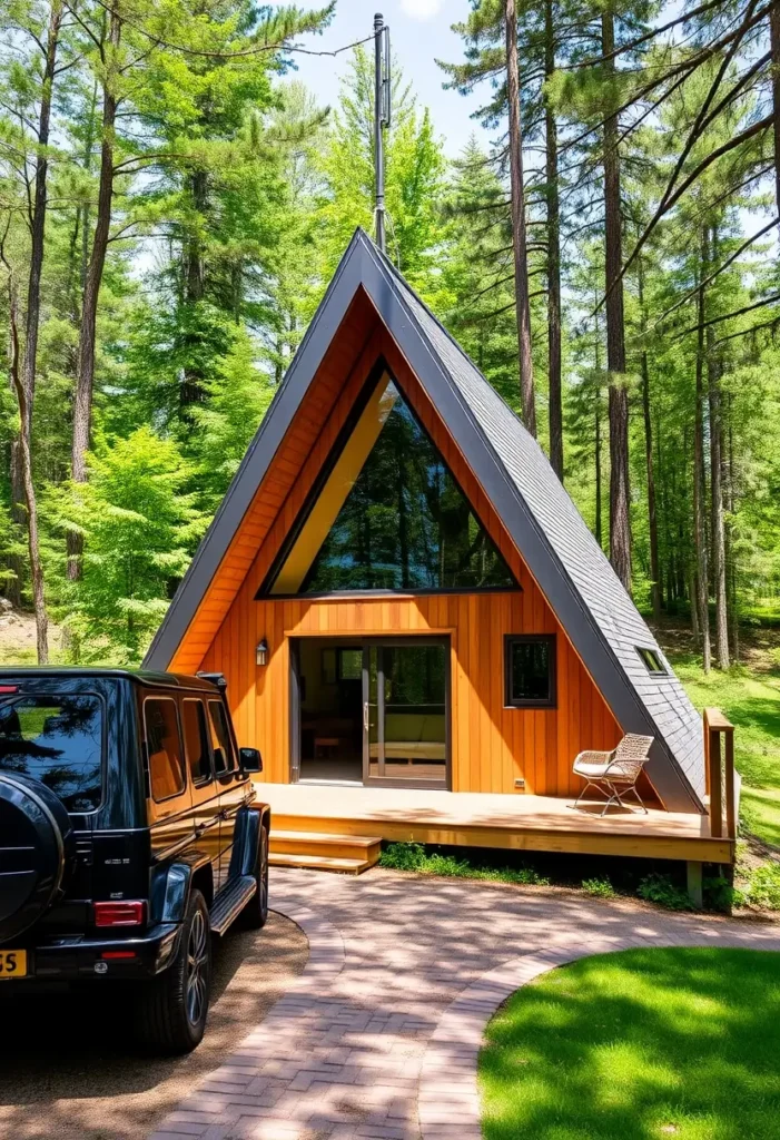 Modern A-frame cabin with large glass windows and a wooden exterior in a forest setting.