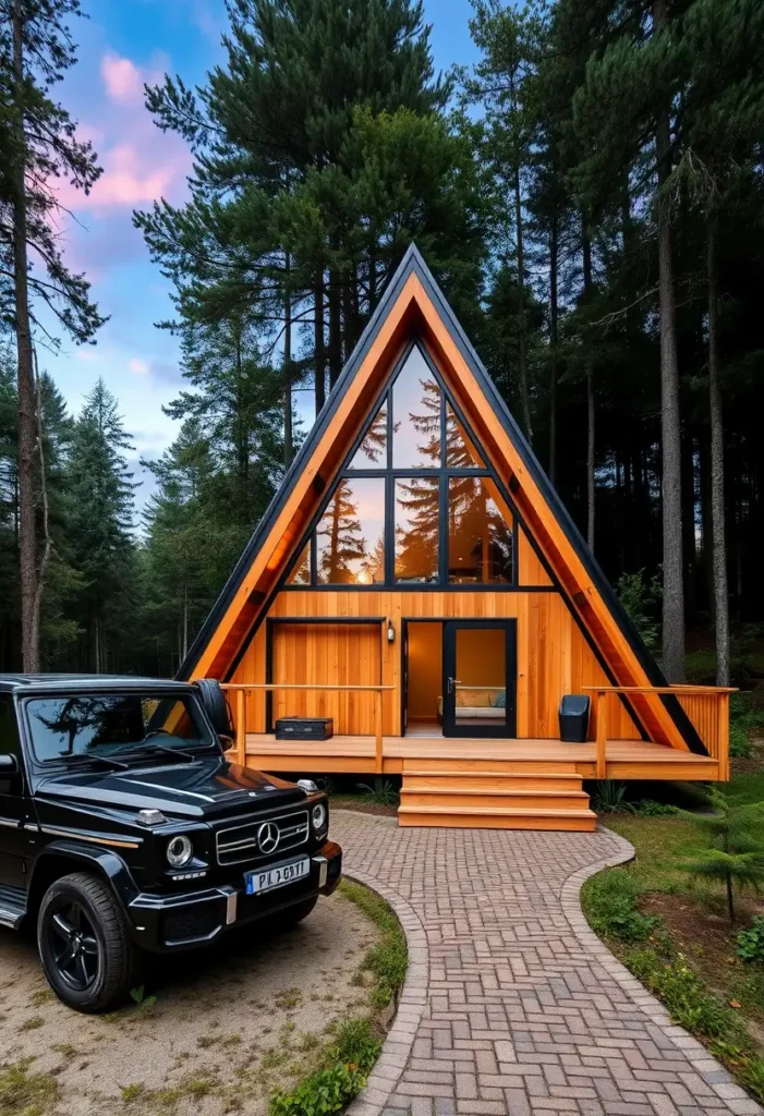 Modern A-frame cabin with large glass windows reflecting sunset, featuring a wooden deck and natural wood siding in a forested area.