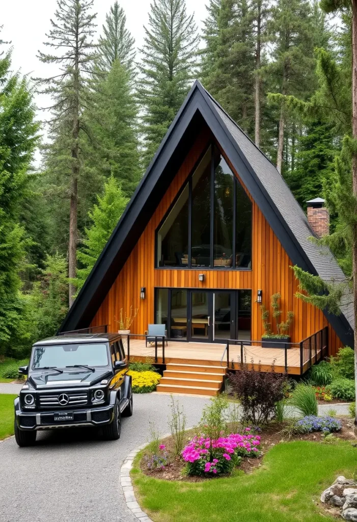 Modern A-frame cabin with black trim, large glass windows, and a landscaped garden featuring a wooden deck and outdoor seating.