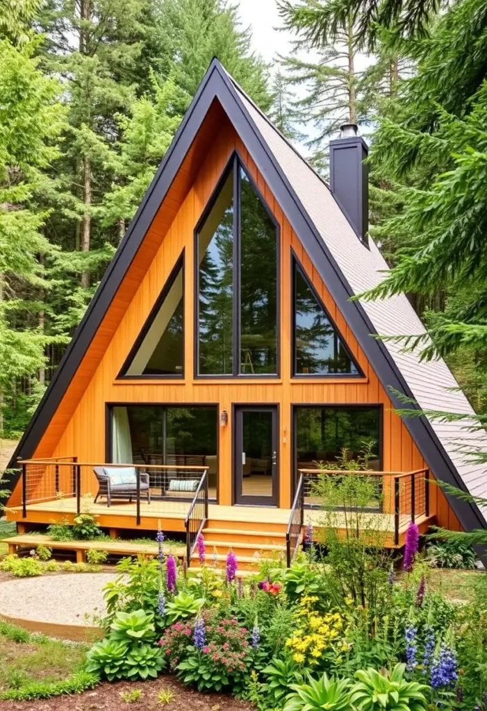 Modern A-frame cabin with black trim, large glass windows, and a vibrant garden in a lush forest setting.