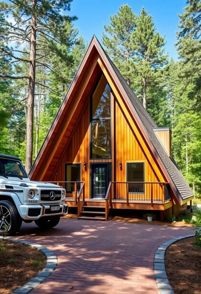 Modern A-frame cabin with floor-to-ceiling windows, wooden siding, and a brick driveway in a forest setting.