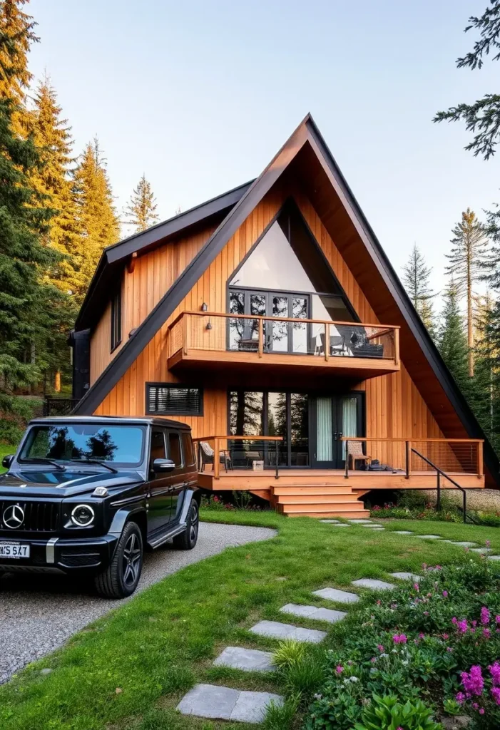 Two-story modern A-frame cabin with a second-floor balcony, black trim, and wooden siding in a lush forest setting.