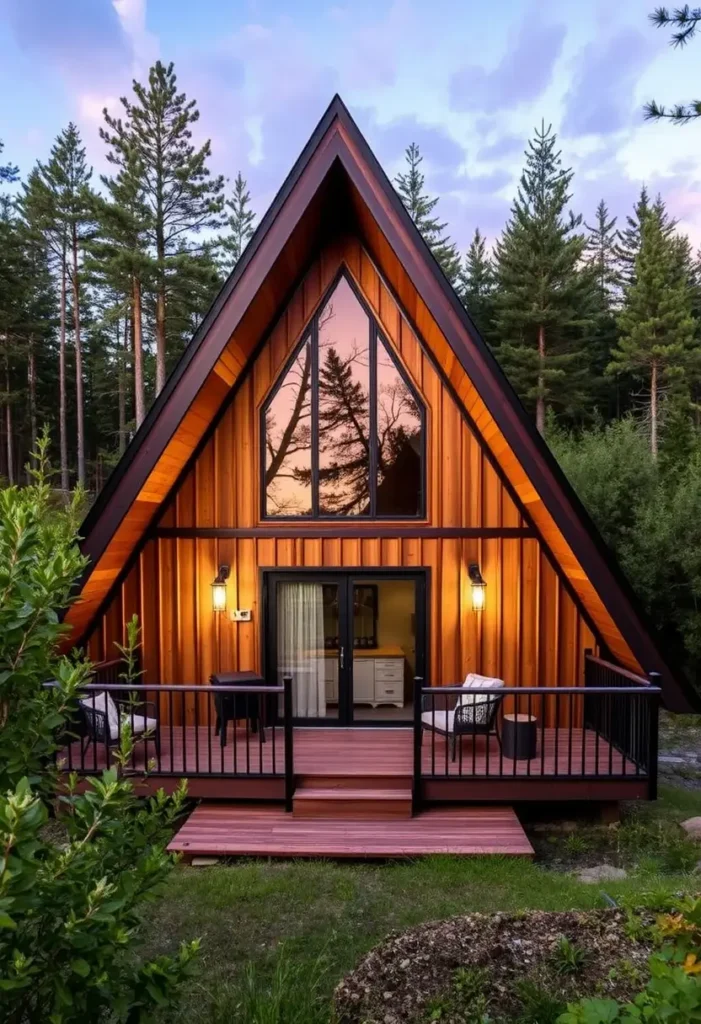 Modern A-frame cabin with warm wooden siding, black-trimmed deck, and large glass windows reflecting the sunset.