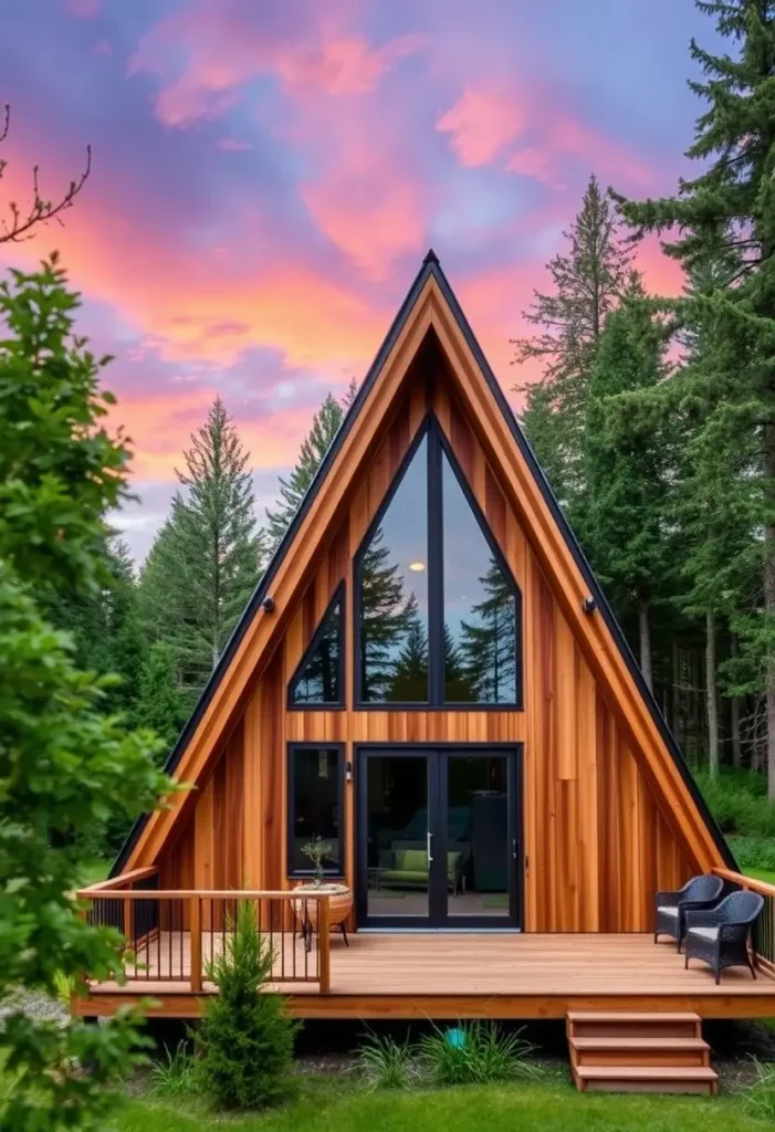 Modern A-frame cabin with large glass windows, wooden deck, and black trim, set against a colorful sunset sky.