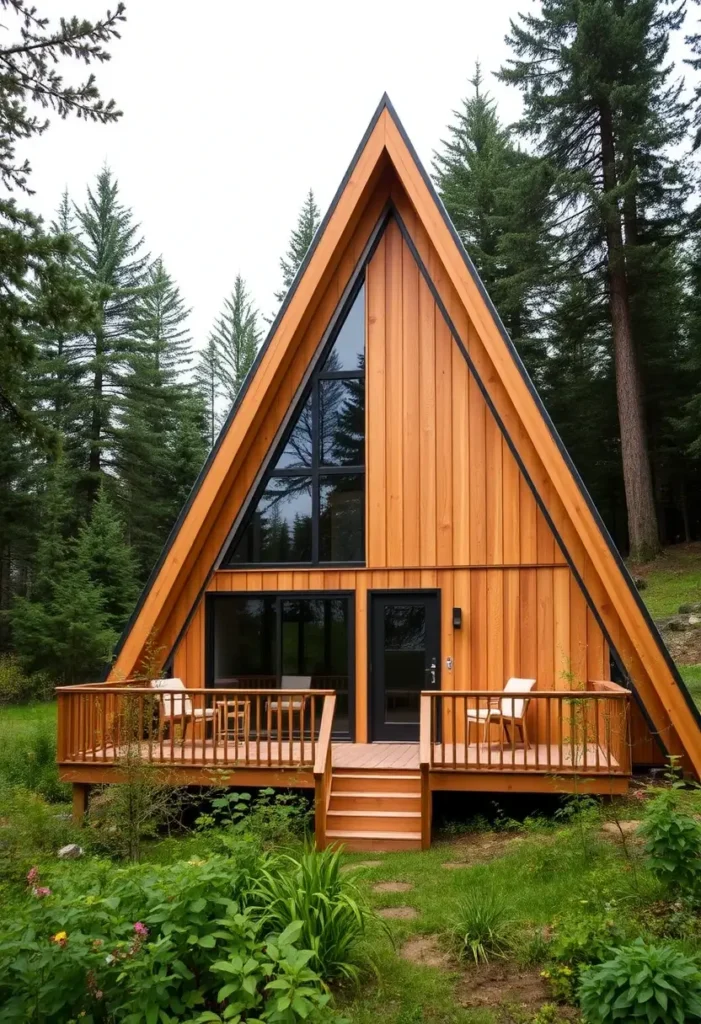 Minimalist A-frame cabin with vertical wooden siding, black trim, and a symmetrical design, featuring a deck with outdoor seating.