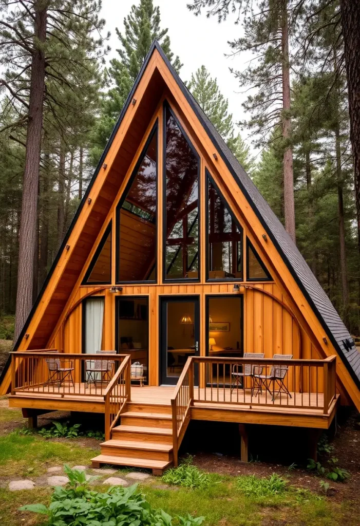 Modern A-frame cabin with floor-to-ceiling windows, extended eaves, and a wooden deck with outdoor seating in a forest setting.