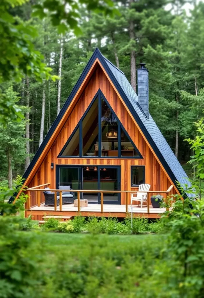 Modern A-frame cabin with floor-to-ceiling windows, wooden deck, and black trim, nestled in a lush forest setting.