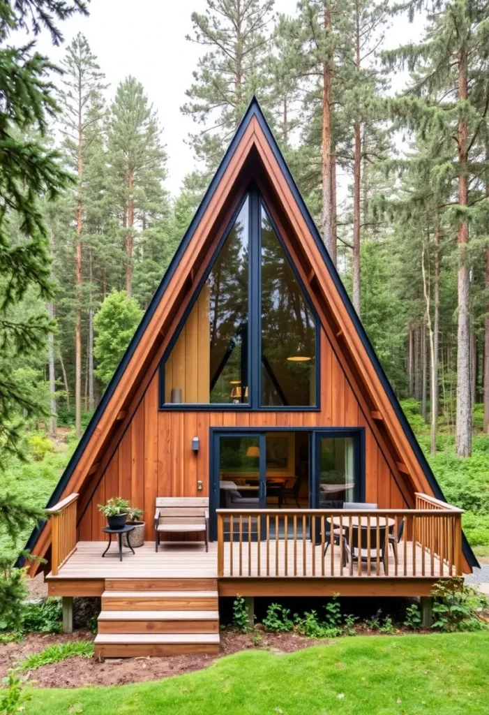 Modern A-frame cabin with large glass windows, wooden deck, and natural forest surroundings.