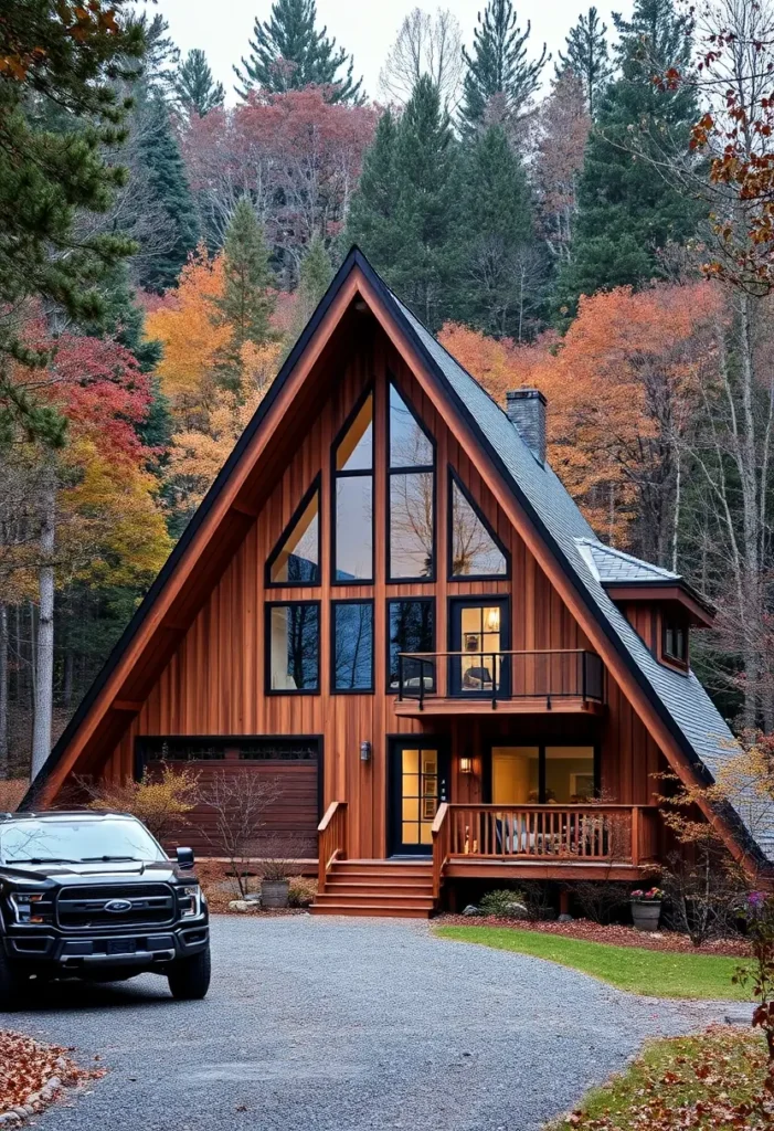 Grand modern A-frame cabin with a balcony, large windows, garage, and warm wood siding set against an autumn forest.