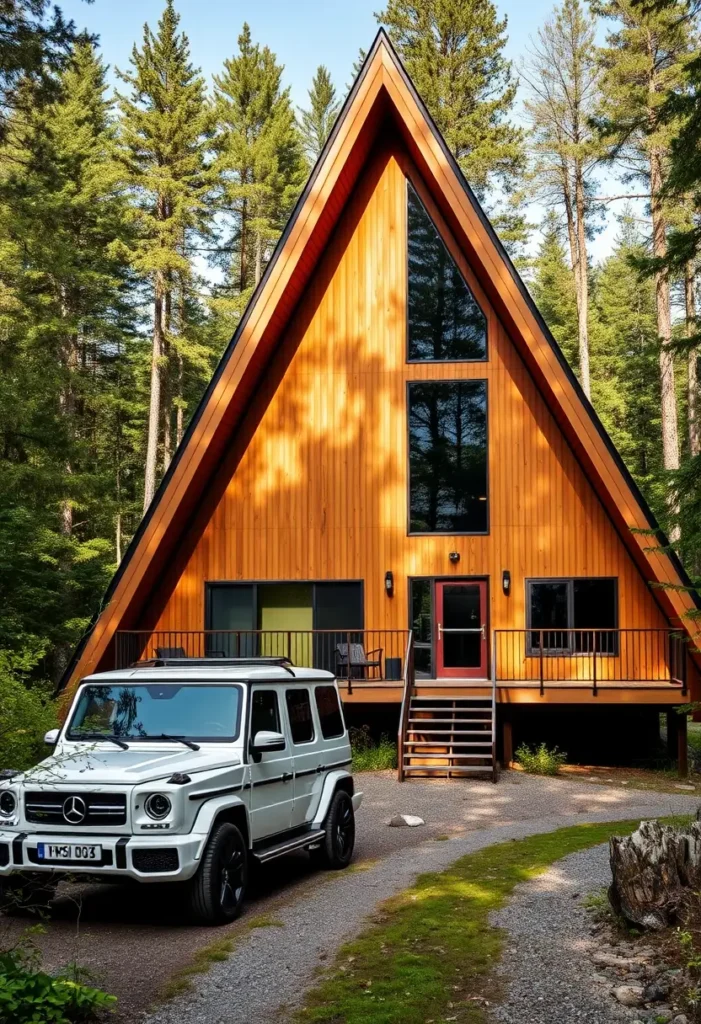 Tall modern A-frame cabin with large windows, an elevated porch, and a striking triangular design surrounded by forest.