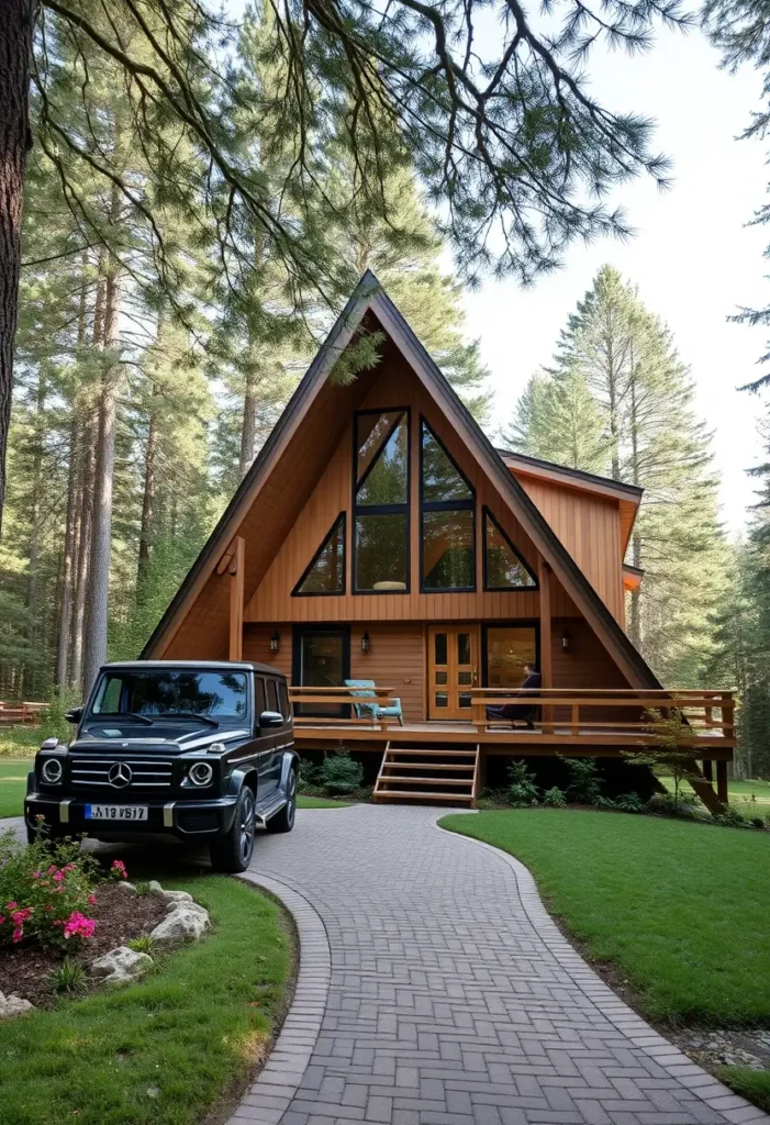 Spacious A-frame cabin with a wraparound deck, large windows, and a scenic forest backdrop.