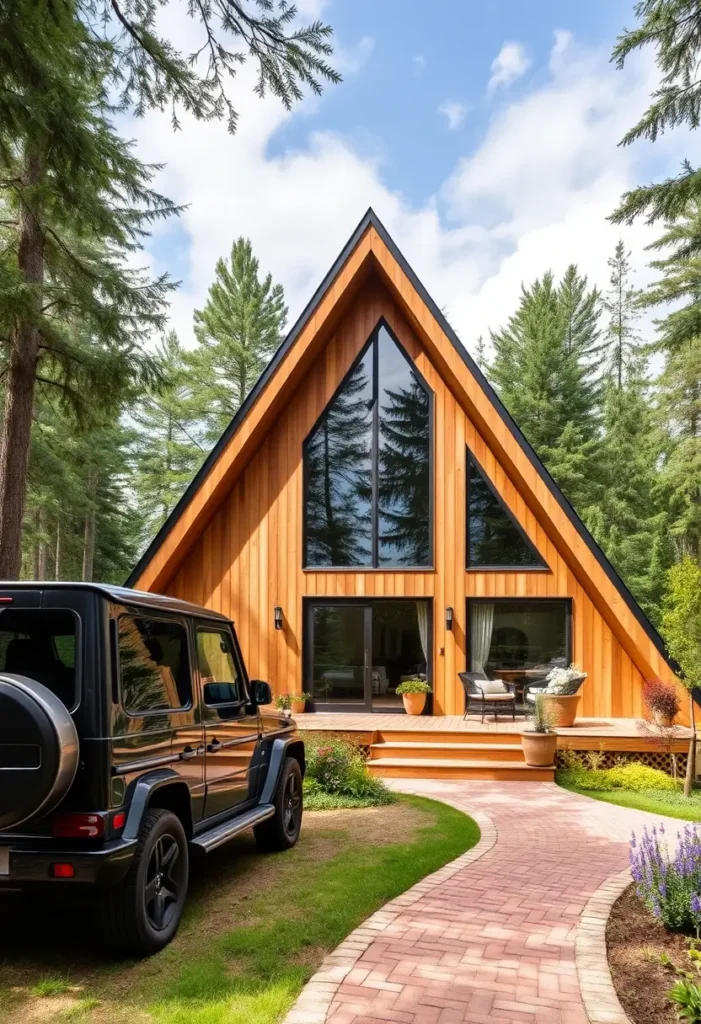 Modern A-frame cabin with large windows, a brick walkway, and a wooden deck with outdoor seating.