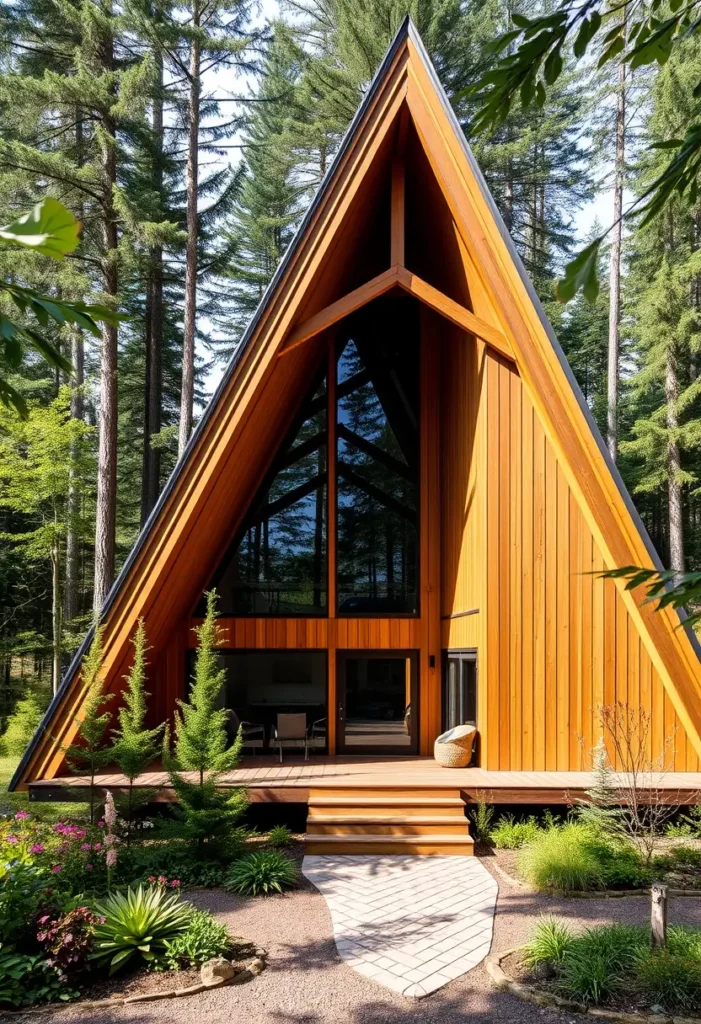 Modern A-frame cabin with floor-to-ceiling glass windows, a wooden deck, and a minimalist forest setting.