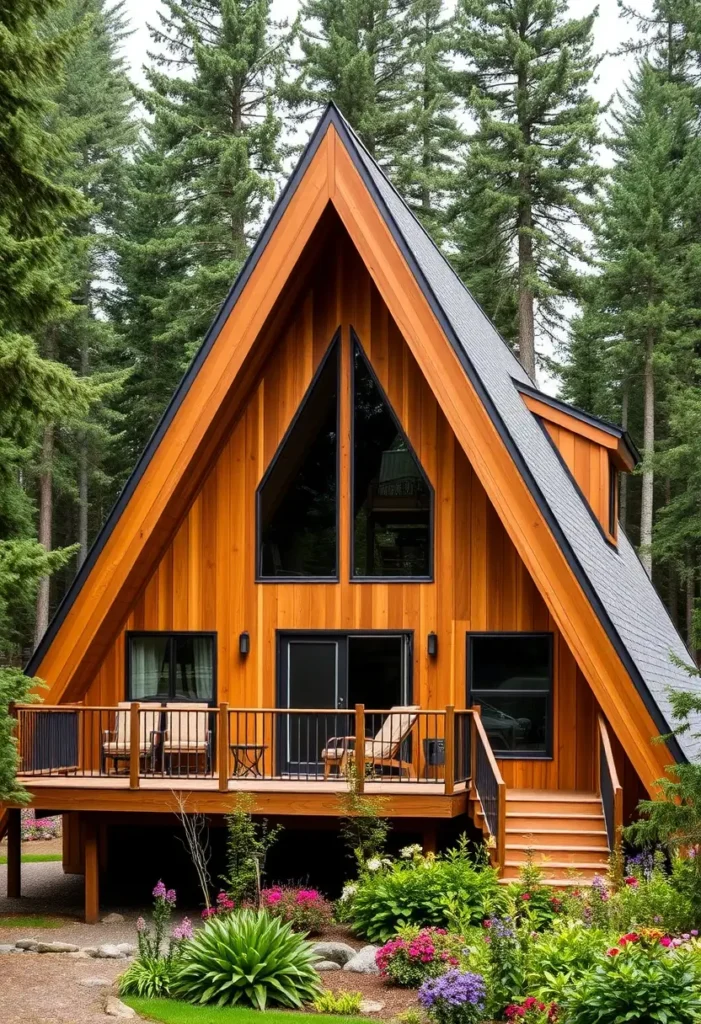 Modern A-frame cabin with a wooden deck, black railings, and lush greenery in a forest setting.