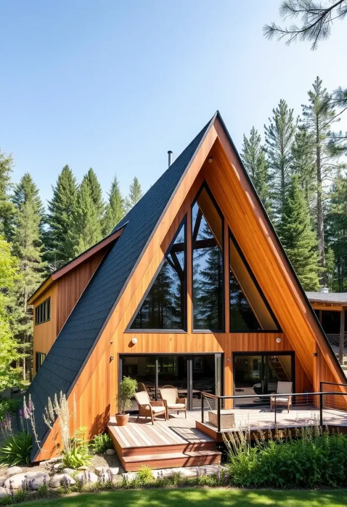 Large modern A-frame cabin with expansive glass windows, wooden deck, and lush greenery.