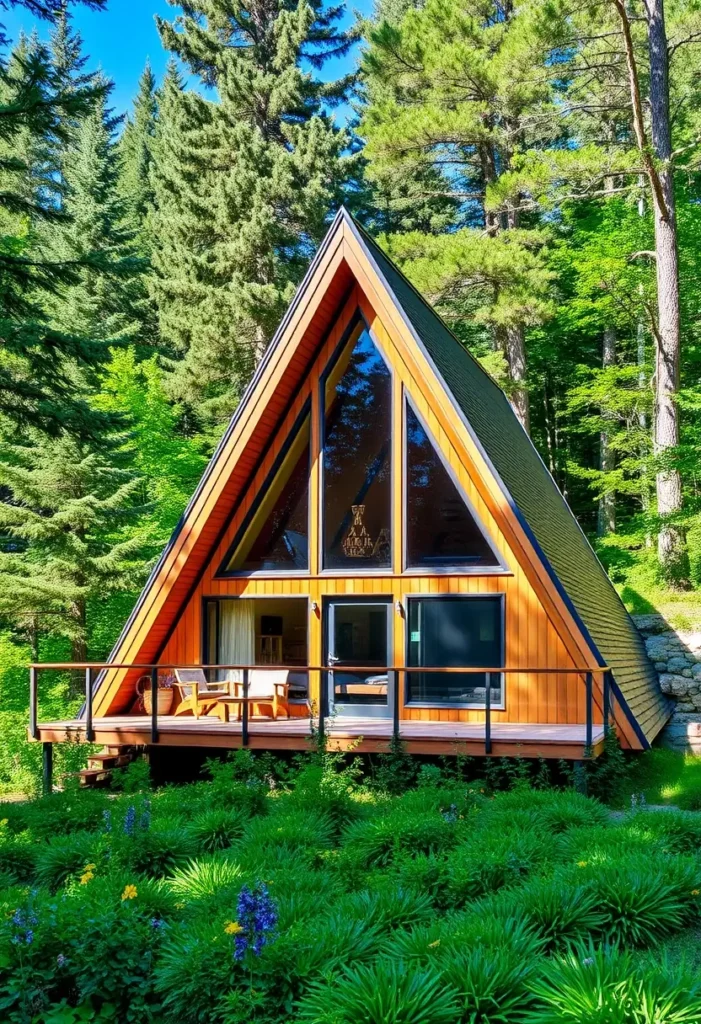 A-frame cabin with a glass front, wooden deck, and lush greenery in a forest setting.