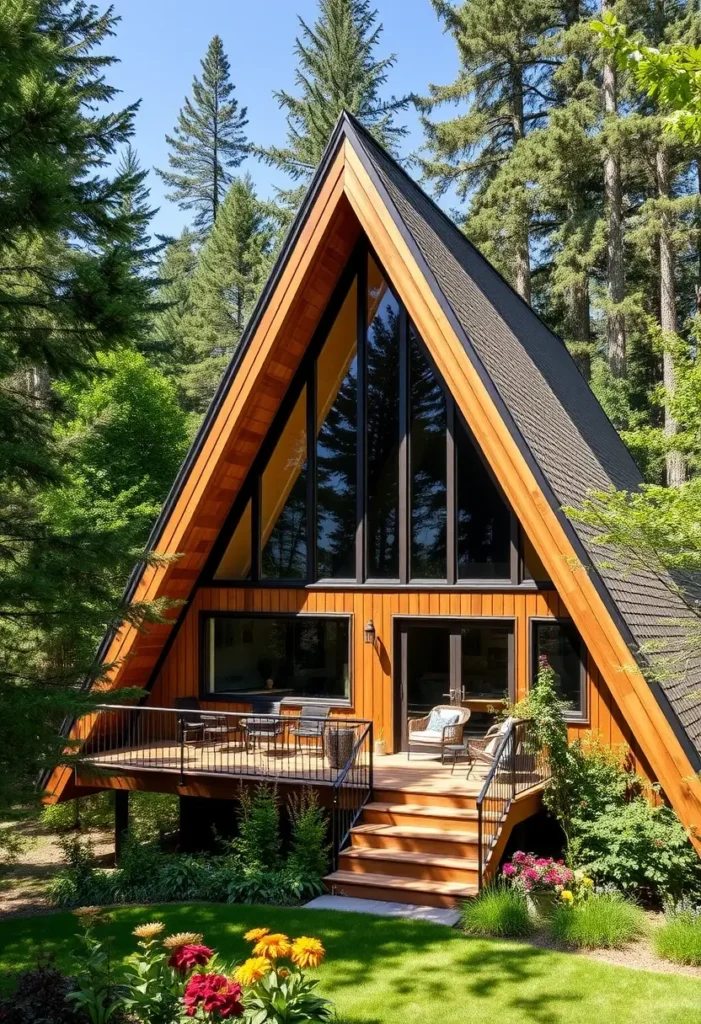 Elevated A-frame cabin with a spacious wooden deck, large windows, and lush greenery surrounding it.