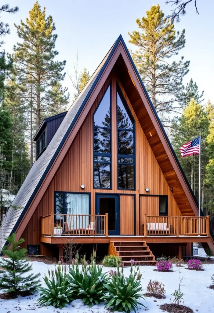 A-frame cabin with a wooden exterior, black trim, and a snow-covered landscape, featuring a welcoming front porch.