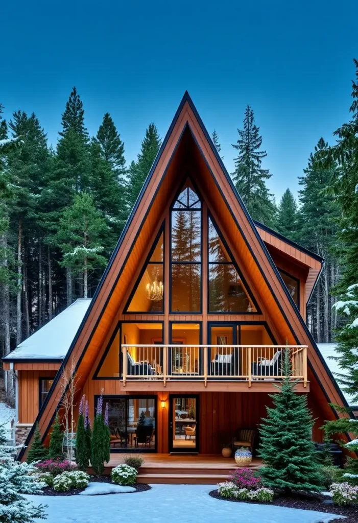 A-frame cabin with a double-level balcony, warm interior lighting, and a snowy forest landscape.