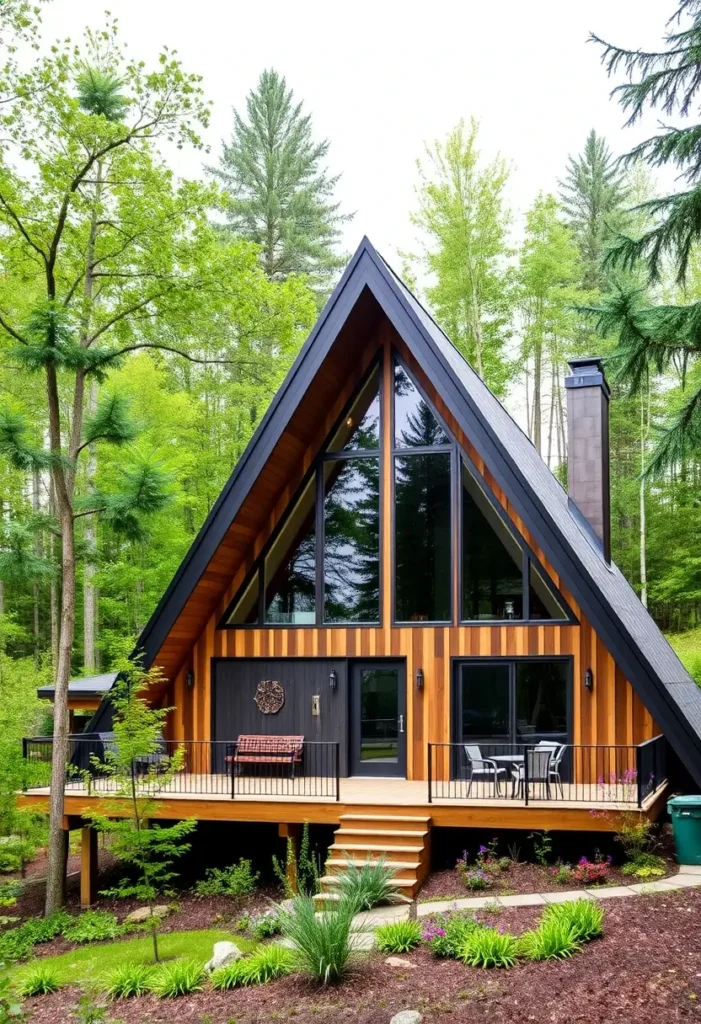 Contemporary A-frame cabin with wood and black exterior, large windows, and a spacious deck in a green forest setting.