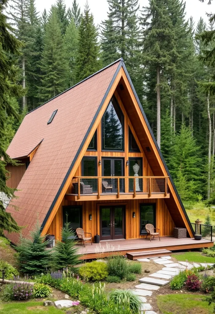 Rustic-modern A-frame cabin with a brown metal roof, wooden facade, second-floor balcony, and lush garden setting. Modern A-Frame Cabin Designs