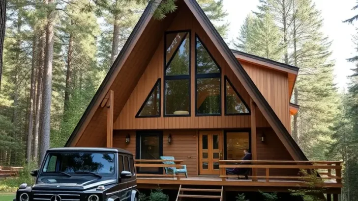 Spacious A-frame cabin with a wraparound deck, large windows, and a scenic forest backdrop. Modern A-Frame Cabin Designs