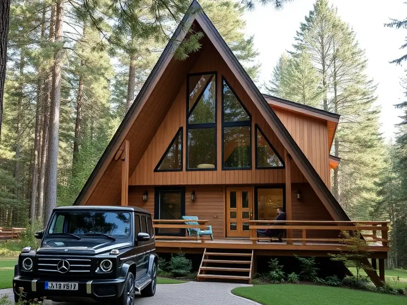 Spacious A-frame cabin with a wraparound deck, large windows, and a scenic forest backdrop. Modern A-Frame Cabin Designs