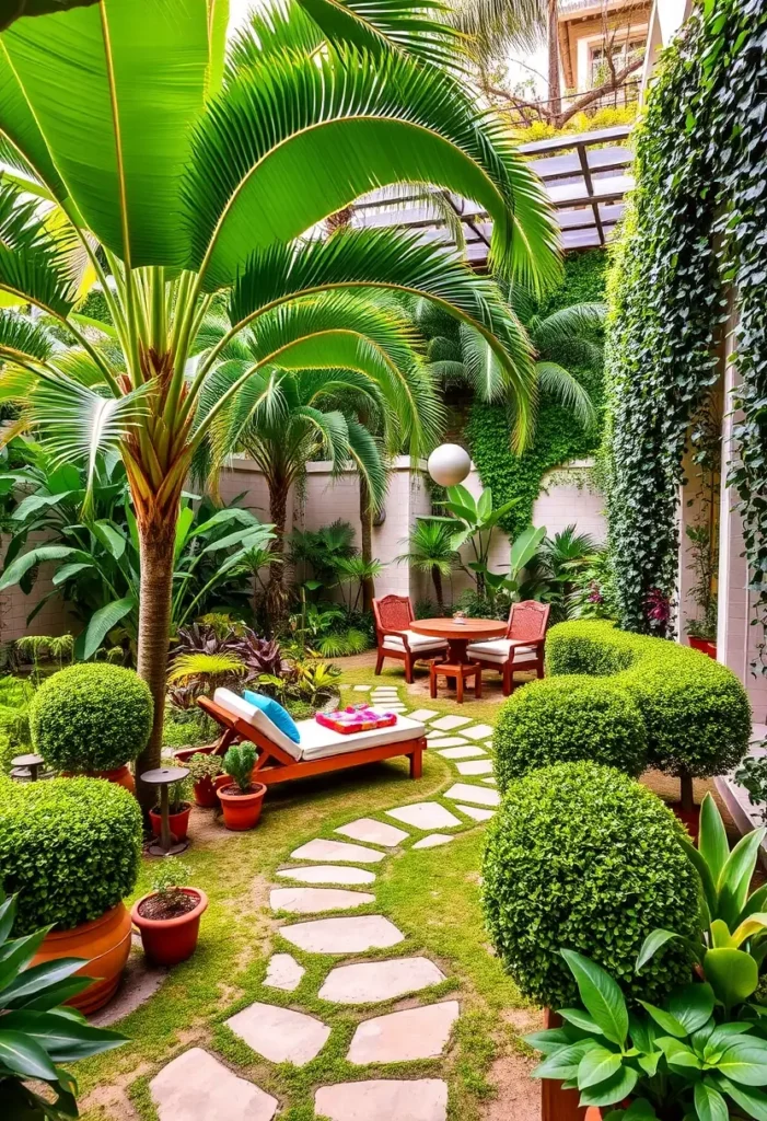 Tropical courtyard garden with dense planting, stone pathway, and lounge seating.