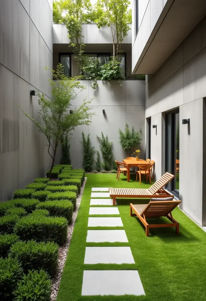 Modern courtyard garden with geometric boxwood hedges, rectangular paving stones, and a minimalist design.