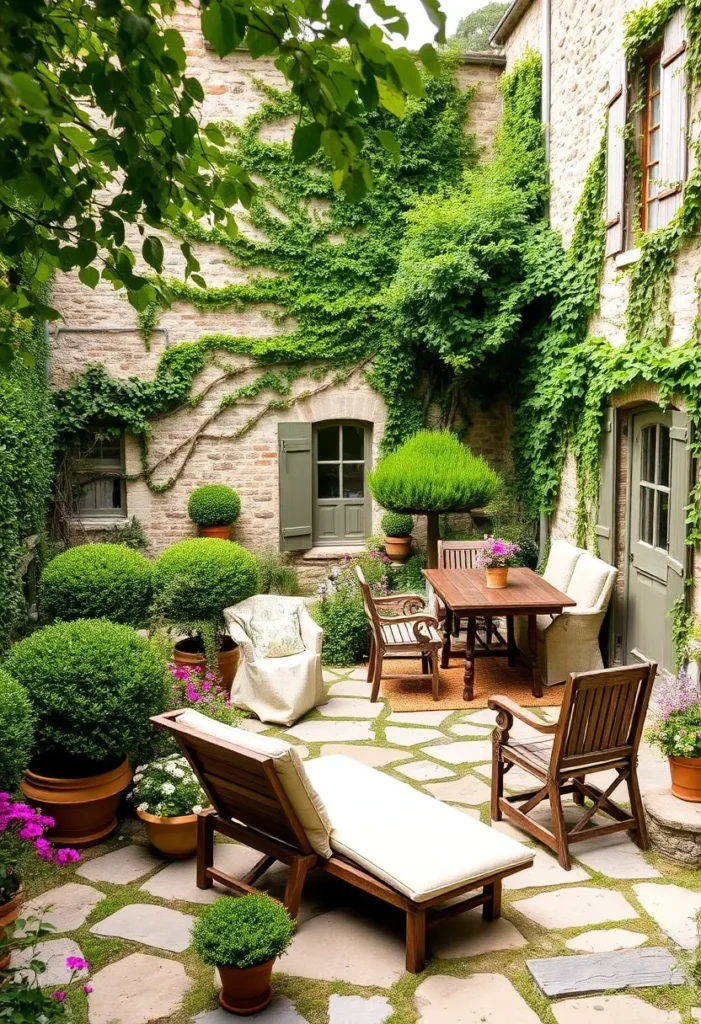 Traditional courtyard garden with climbing vines on stone walls, rounded shrubs, and comfortable seating.