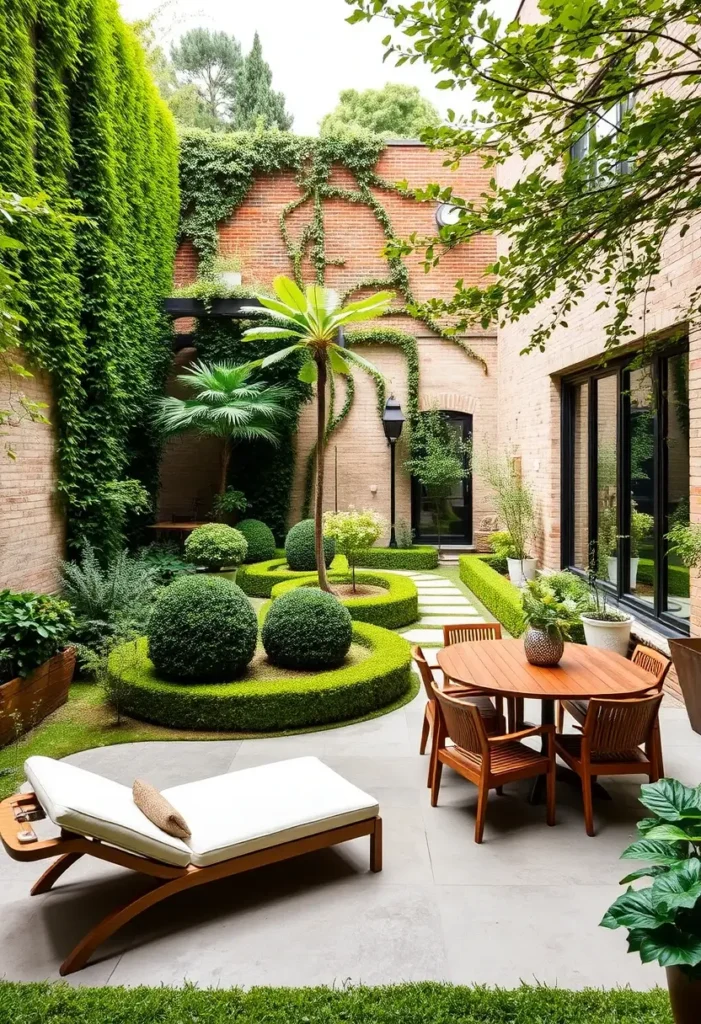 Courtyard garden blending traditional brick walls with modern, geometrically shaped hedges and a circular planting bed.