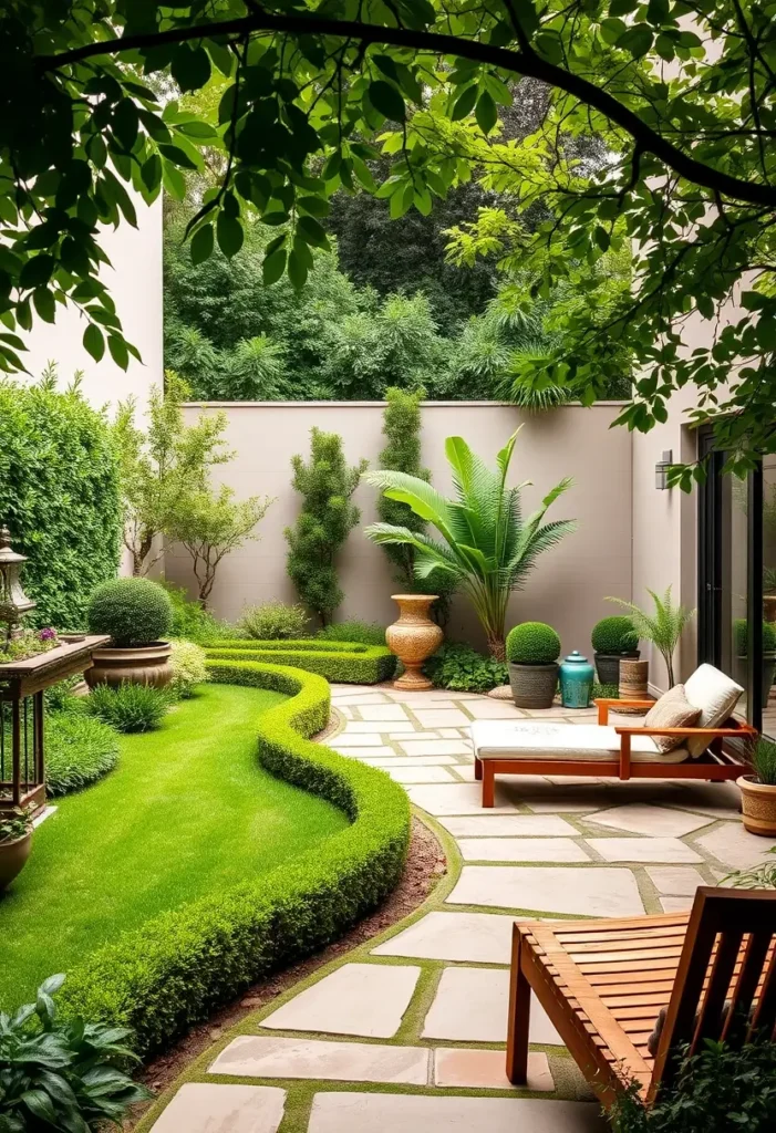 Courtyard garden featuring a curved pathway, a low, curving hedge, and a relaxed seating area.