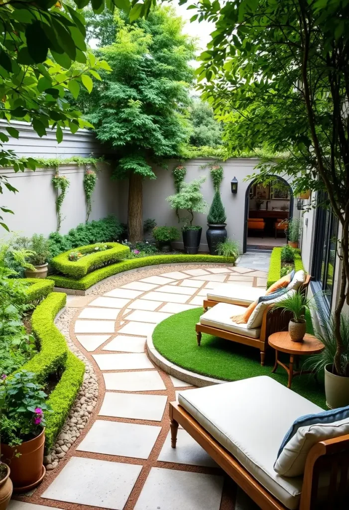 Small formal courtyard garden with low hedges, a curved pathway, symmetrical elements, and potted plants.