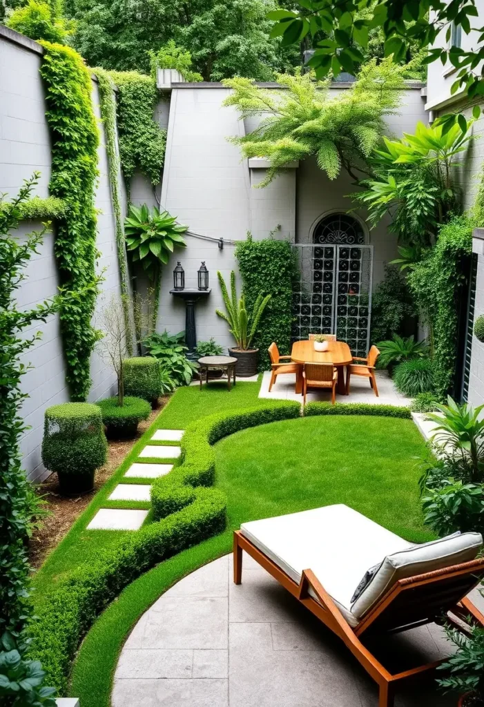 Courtyard garden with layers of greenery, including climbing vines, hedges, and a small lawn, creating a secluded space.