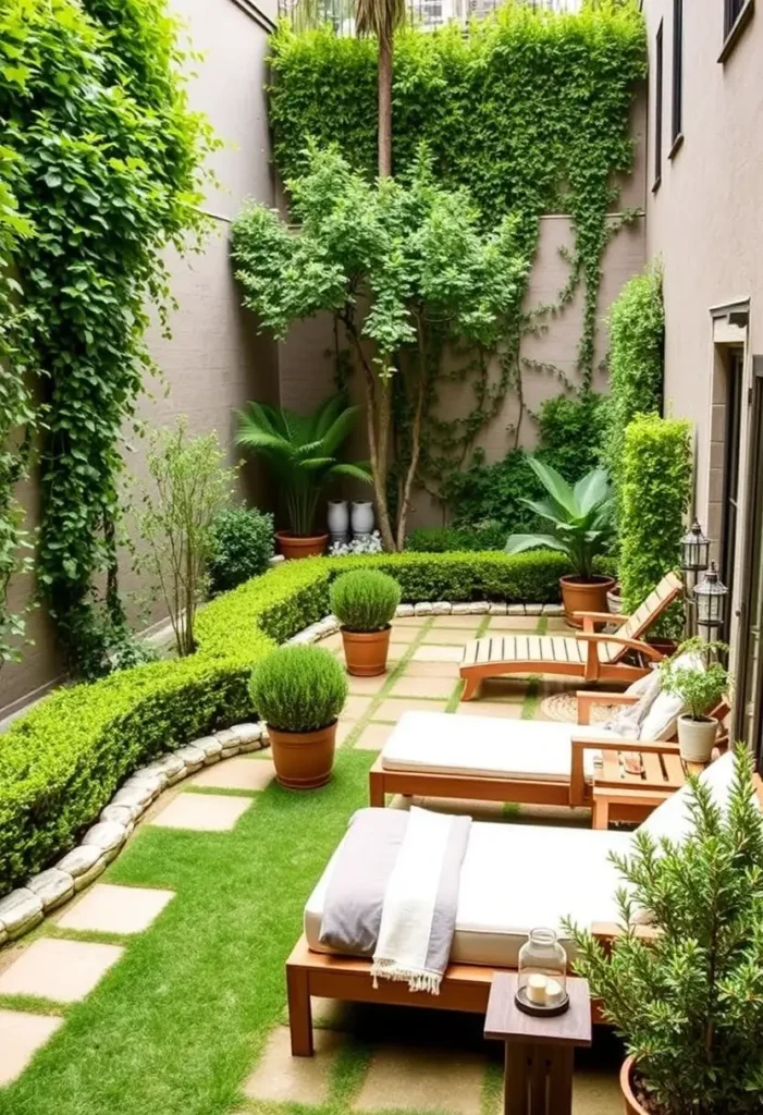 Backyard courtyard with a low, curving hedge defining a lawn area and a seating area with lounge chairs.