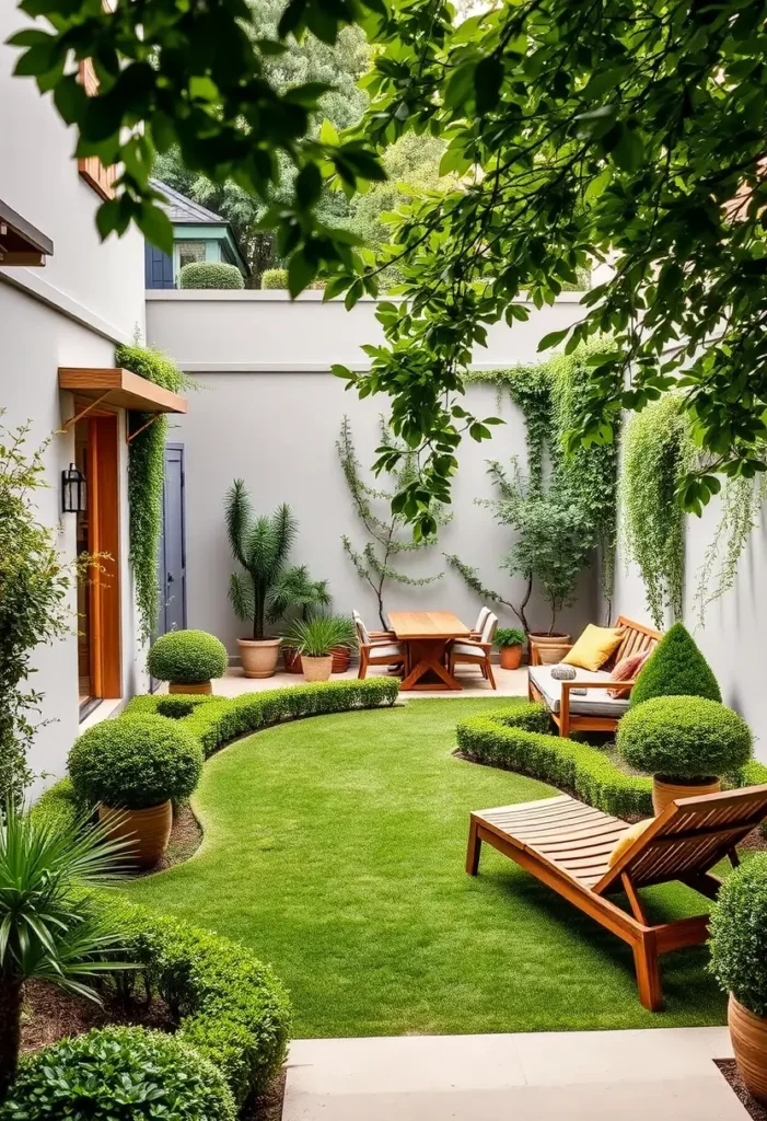 Courtyard garden with a large, curved lawn area defined by a low, sculpted hedge.