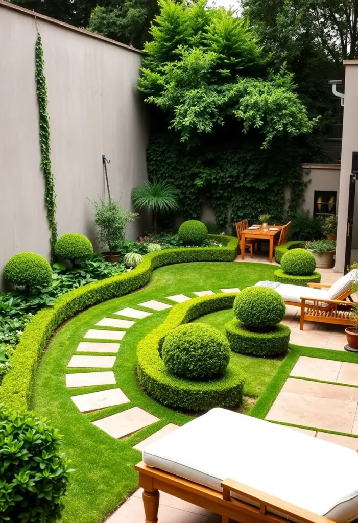 Courtyard garden with a low, S-shaped hedge creating a pathway, surrounded by a green lawn and additional plantings.