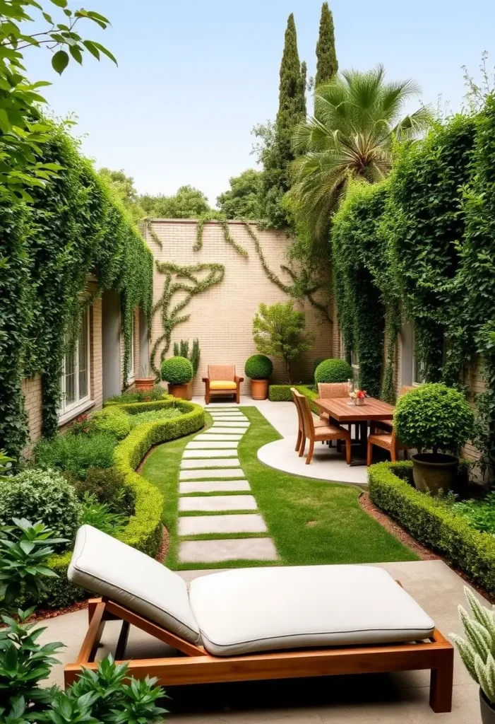 Courtyard garden surrounded by tall, dense hedges and climbing vines, creating a private and enclosed space.