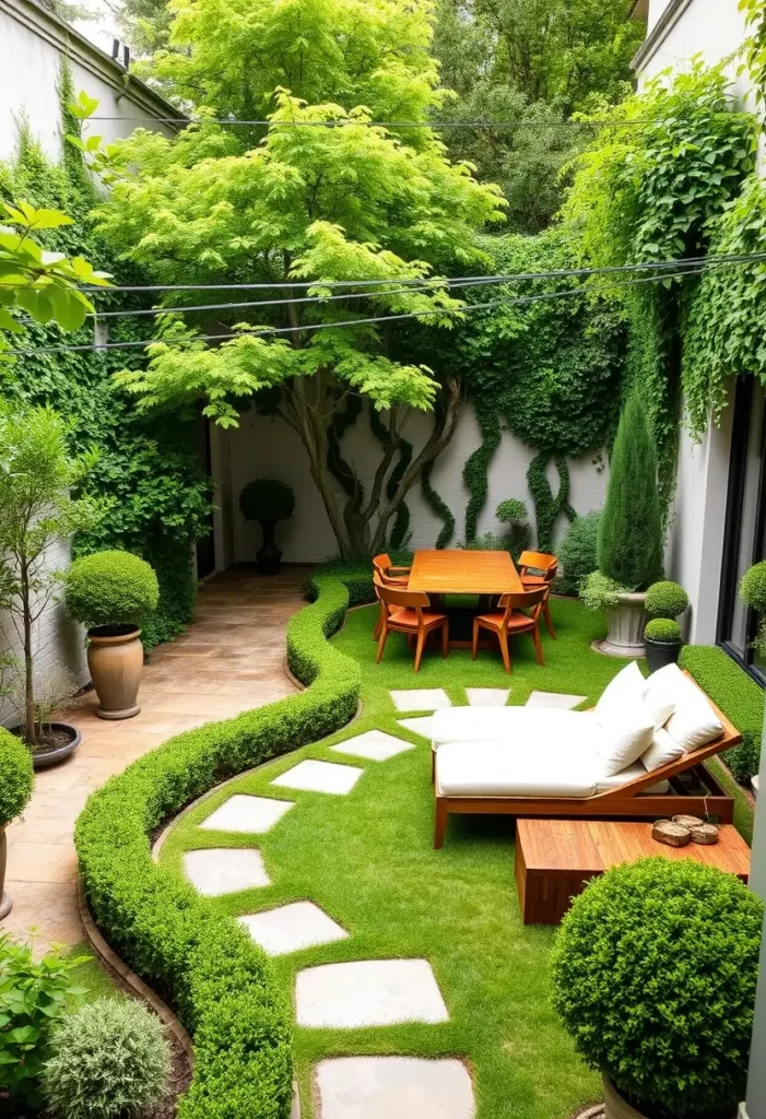 Backyard garden featuring a mature tree as a central focal point, with curved hedges and a stepping stone pathway.