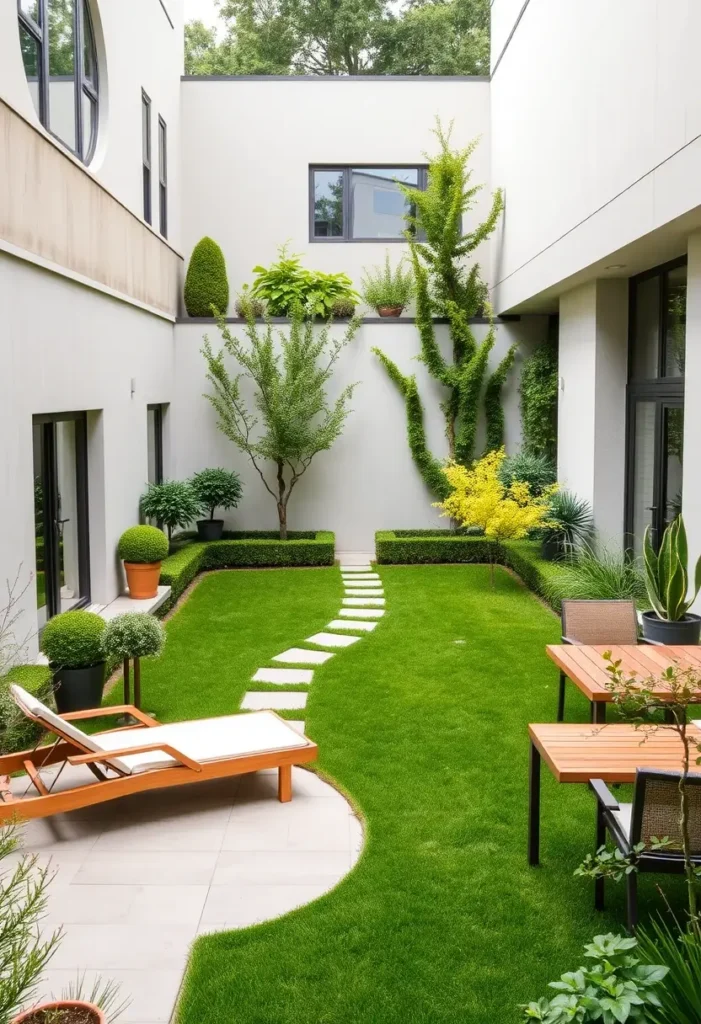 Modern courtyard garden featuring a large expanse of artificial turf, creating a clean and minimalist lawn area.