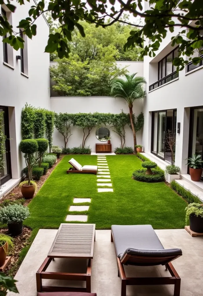 Minimalist modern courtyard garden with a large, open lawn area, simple plantings, and a clean, uncluttered design.