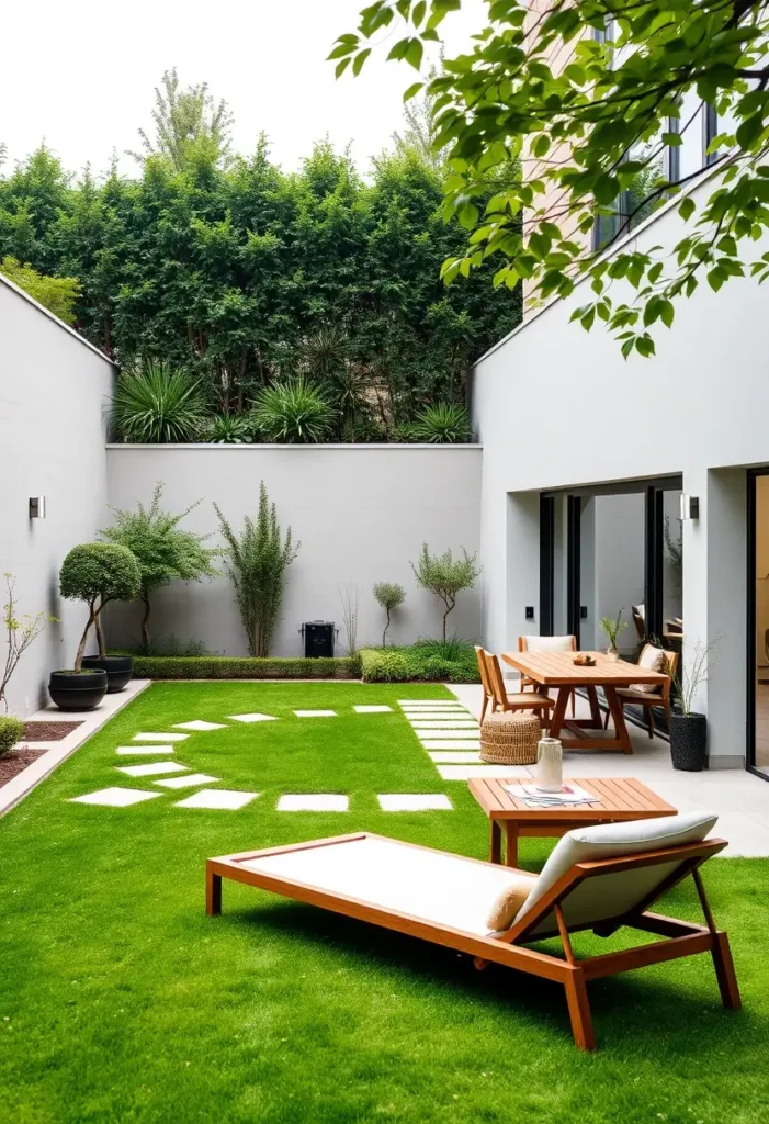 Courtyard garden with clearly defined zones: a dining area with a table and a separate lounging area with chaise lounges.