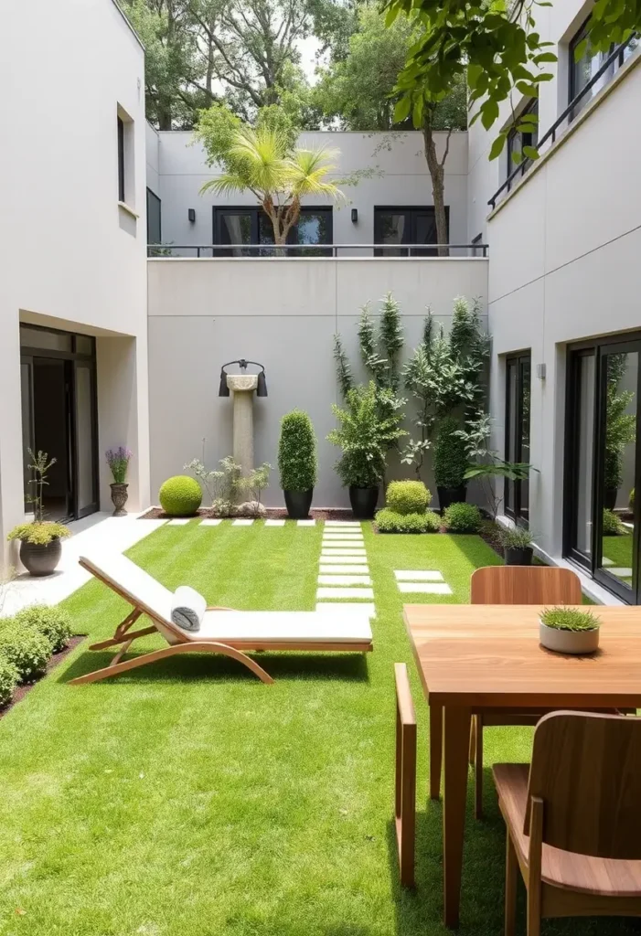 Courtyard garden with a wall-mounted fountain serving as a focal point, along with a lawn and simple plantings.