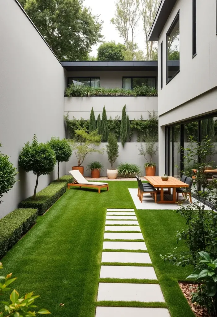 Courtyard garden with a straight pathway made of large, rectangular stepping stones leading through a lawn.