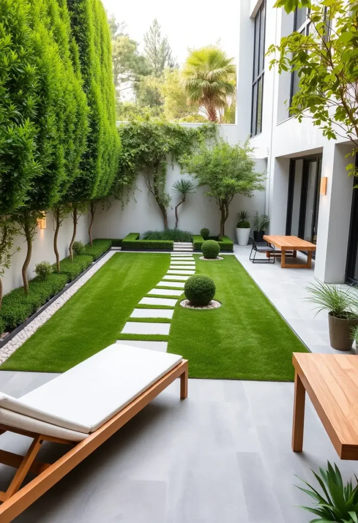 Modern courtyard garden featuring artificial grass, tall columnar trees, and a stepping stone pathway.