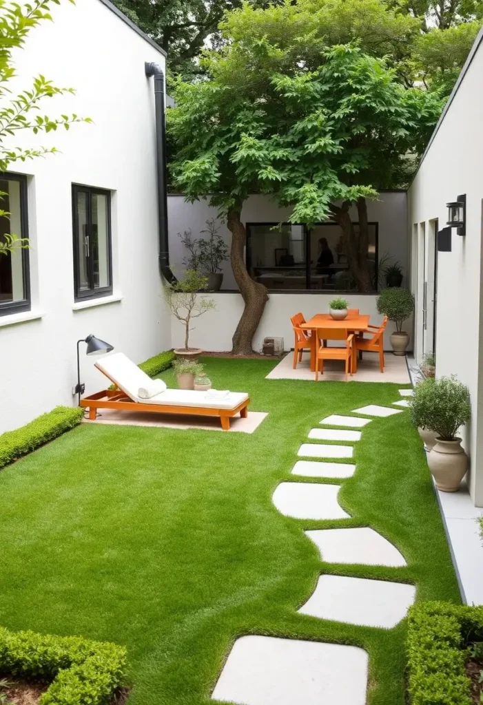 Small backyard garden with a curved pathway leading to separate seating areas, maximizing the use of limited space.