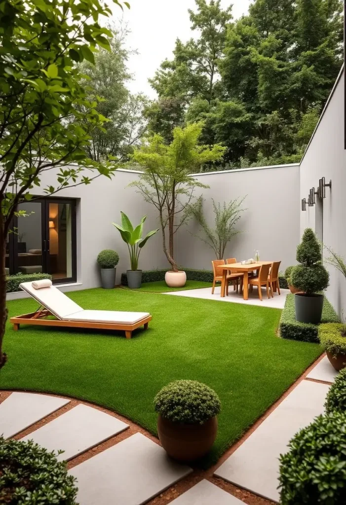 Modern courtyard garden with geometric forms, featuring artificial turf, a defined pathway, and a minimalist planting scheme.