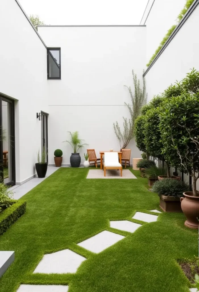 Small, minimalist backyard garden with artificial grass, a simple pathway, and strategically placed potted plants.